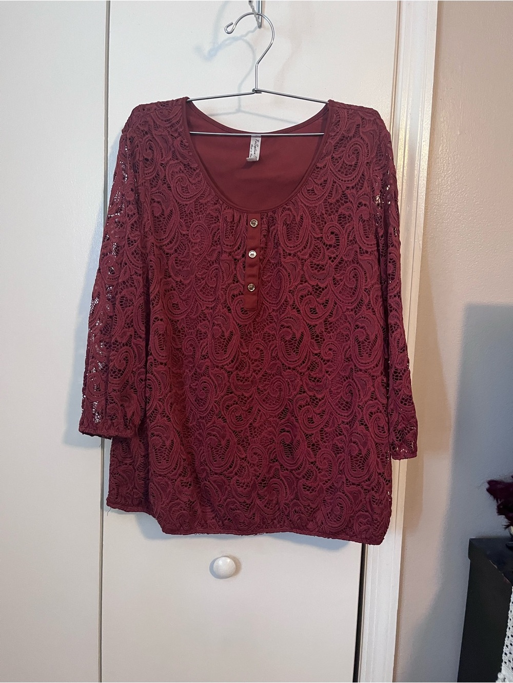 PerSeption Concept Burgundy Lace Henley Blouse